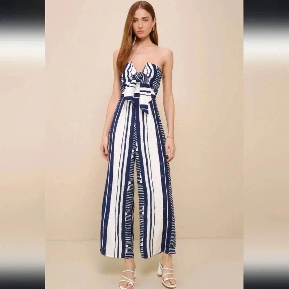 NWT Lulus Delphi Blue and White Striped Tie-Front Strapless Jumpsuit Size Small